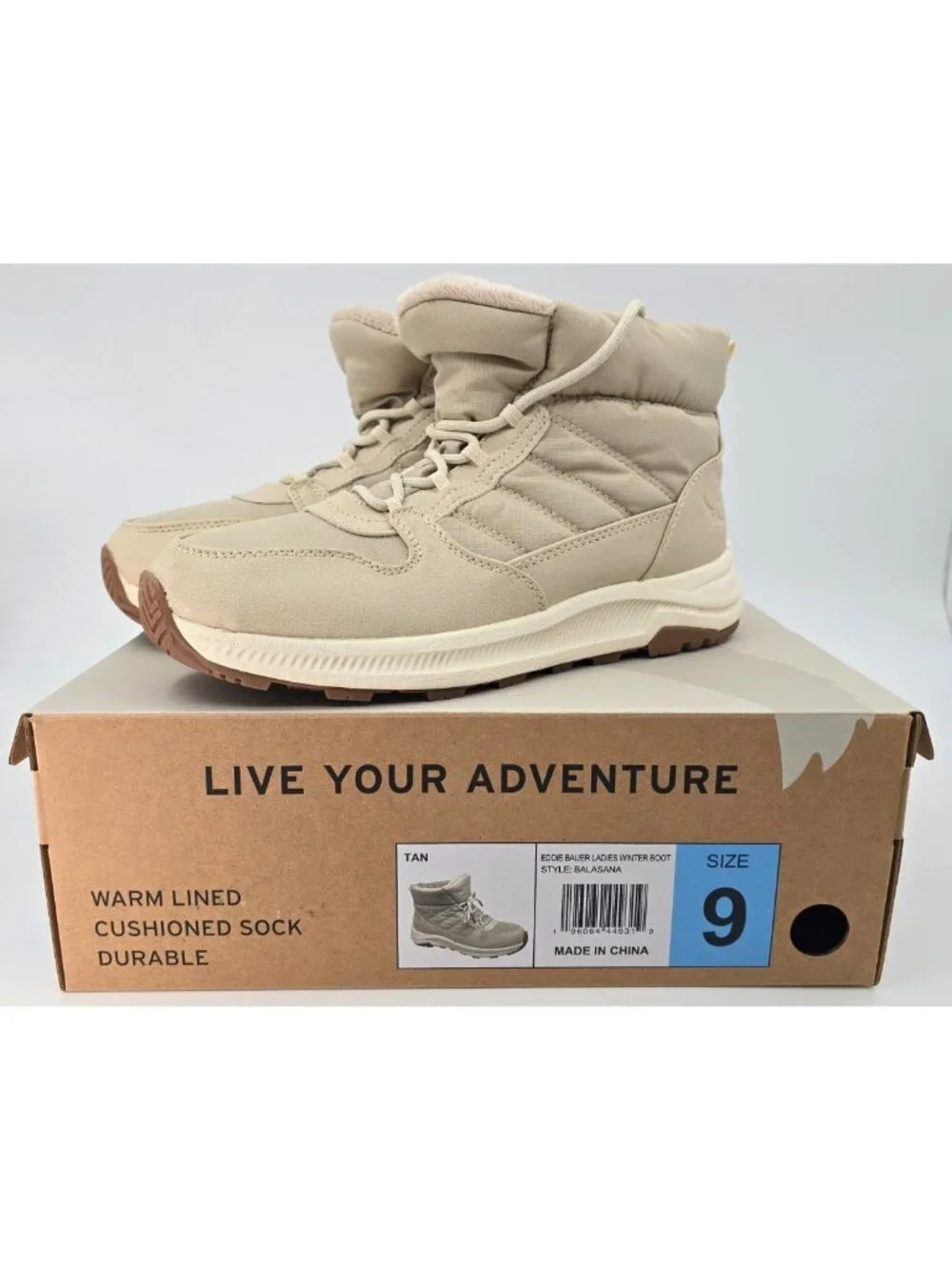 Eddie Bauer Winter Boot Balasana Puffer Tan Faux Fur Lined Lightweight Women's 9
